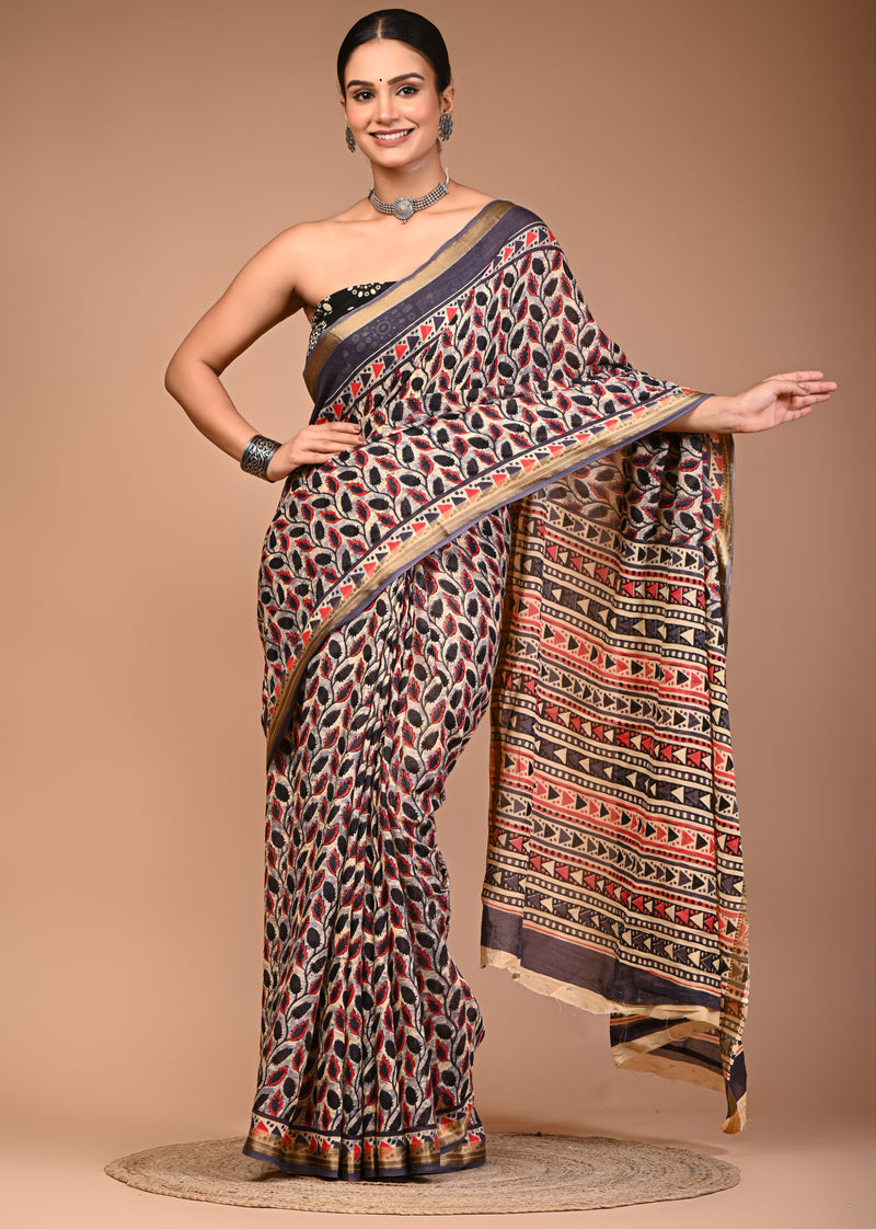 Black & Red Leaf Print Pure Cotton Saree with Zari Border & Tribal-Inspired Pallu