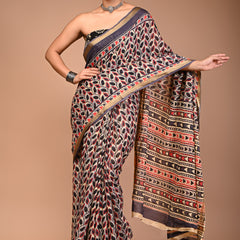 Black & Red Leaf Print Pure Cotton Saree with Zari Border & Tribal-Inspired Pallu