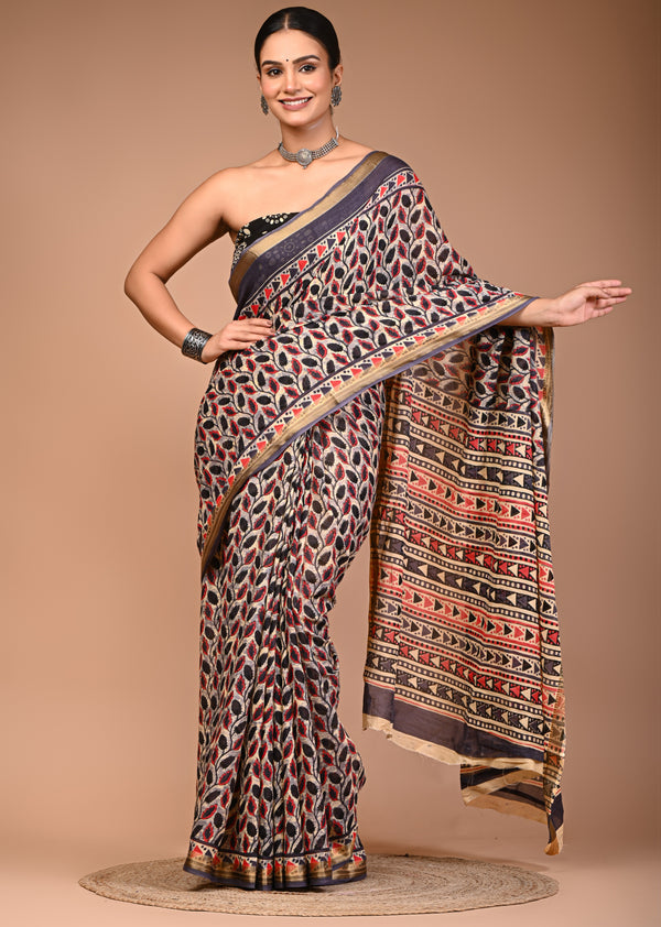 Black & Red Leaf Print Pure Cotton Saree with Zari Border & Tribal-Inspired Pallu
