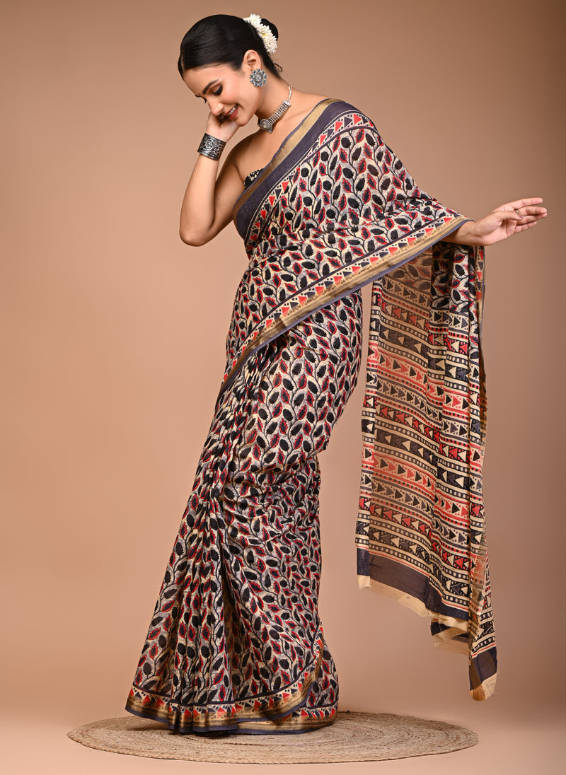 Black & Red Leaf Print Pure Cotton Saree with Zari Border & Tribal-Inspired Pallu