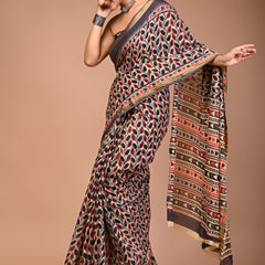 Black & Red Leaf Print Pure Cotton Saree with Zari Border & Tribal-Inspired Pallu