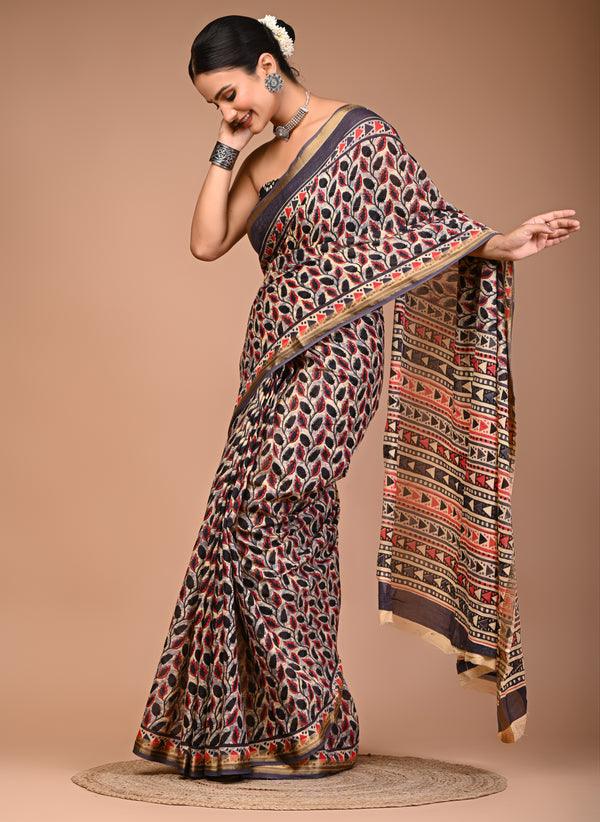 Black & Red Leaf Print Pure Cotton Saree with Zari Border & Tribal-Inspired Pallu