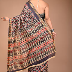 Black & Red Leaf Print Pure Cotton Saree with Zari Border & Tribal-Inspired Pallu