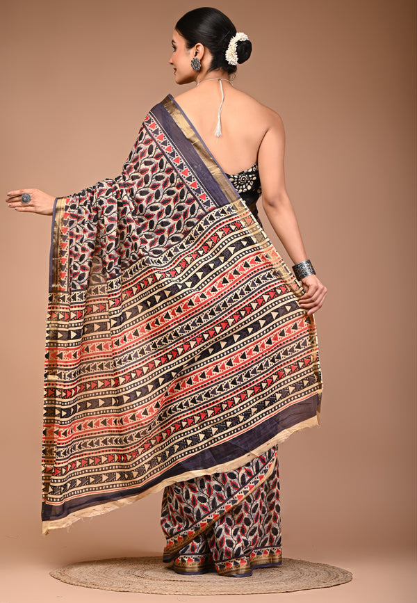 Black & Red Leaf Print Pure Cotton Saree with Zari Border & Tribal-Inspired Pallu