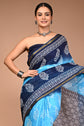 Sky & Navy Blue Pure Cotton Saree with White Floral Block Print & Zari Border