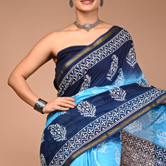 Sky & Navy Blue Pure Cotton Saree with White Floral Block Print & Zari Border