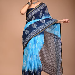 Sky & Navy Blue Pure Cotton Saree with White Floral Block Print & Zari Border
