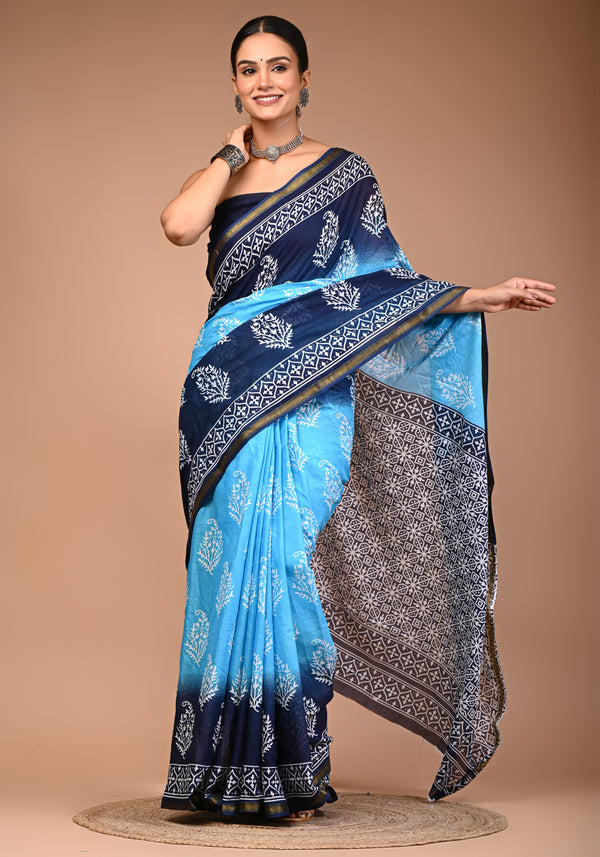 Sky & Navy Blue Pure Cotton Saree with White Floral Block Print & Zari Border