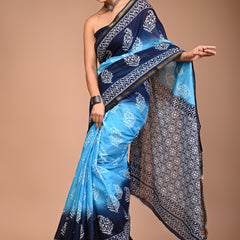 Sky & Navy Blue Pure Cotton Saree with White Floral Block Print & Zari Border