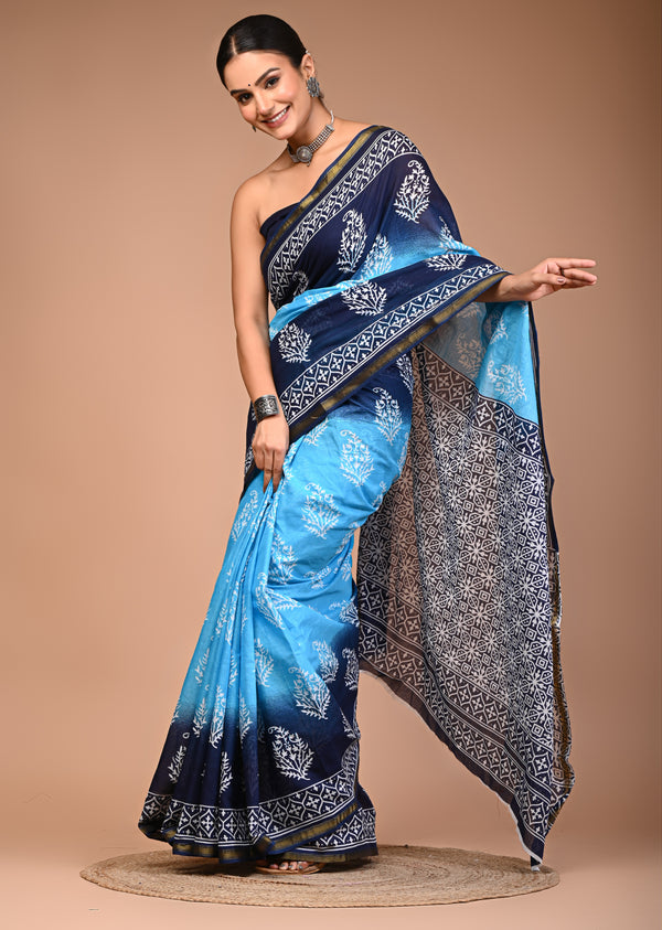 Sky & Navy Blue Pure Cotton Saree with White Floral Block Print & Zari Border