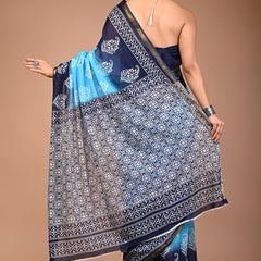 Sky & Navy Blue Pure Cotton Saree with White Floral Block Print & Zari Border