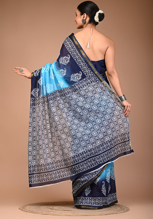 Sky & Navy Blue Pure Cotton Saree with White Floral Block Print & Zari Border