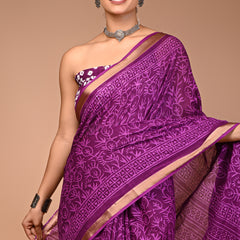 Royal Purple Cotton Saree with Self Floral Block Print & Zari Border