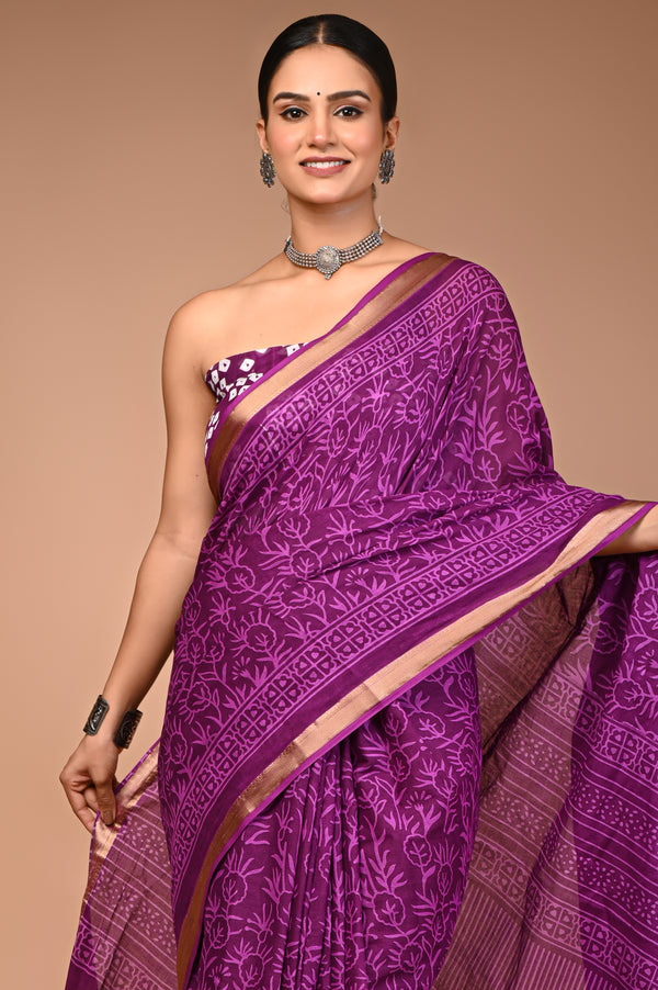 Royal Purple Cotton Saree with Self Floral Block Print & Zari Border