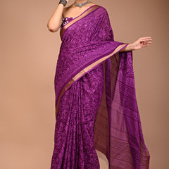 Royal Purple Cotton Saree with Self Floral Block Print & Zari Border