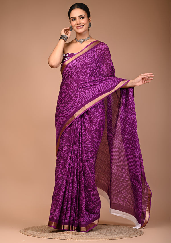 Royal Purple Cotton Saree with Self Floral Block Print & Zari Border