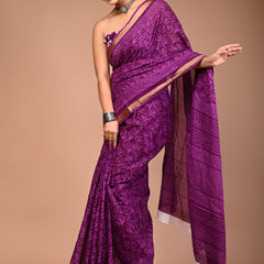 Royal Purple Cotton Saree with Self Floral Block Print & Zari Border