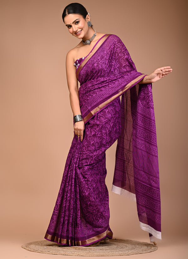 Royal Purple Cotton Saree with Self Floral Block Print & Zari Border