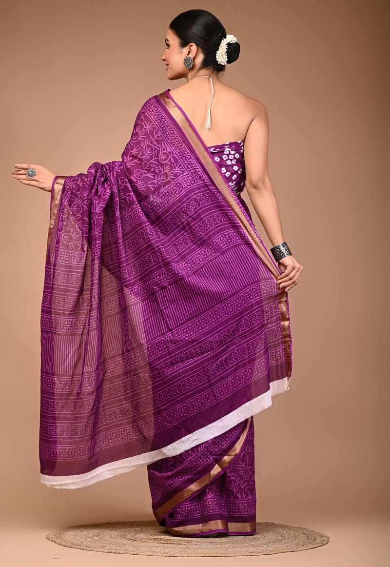 Royal Purple Cotton Saree with Self Floral Block Print & Zari Border