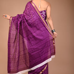 Royal Purple Cotton Saree with Self Floral Block Print & Zari Border