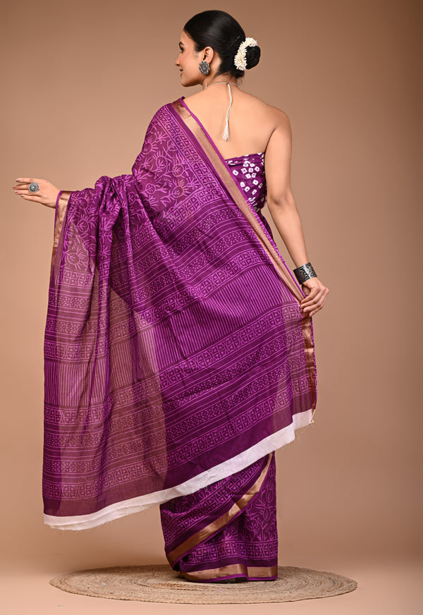 Royal Purple Cotton Saree with Self Floral Block Print & Zari Border