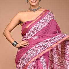 Elegant Mauve Cotton Saree with White Bandhani-Style Print & Zari Border