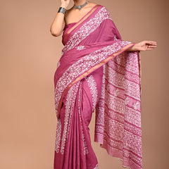Elegant Mauve Cotton Saree with White Bandhani-Style Print & Zari Border
