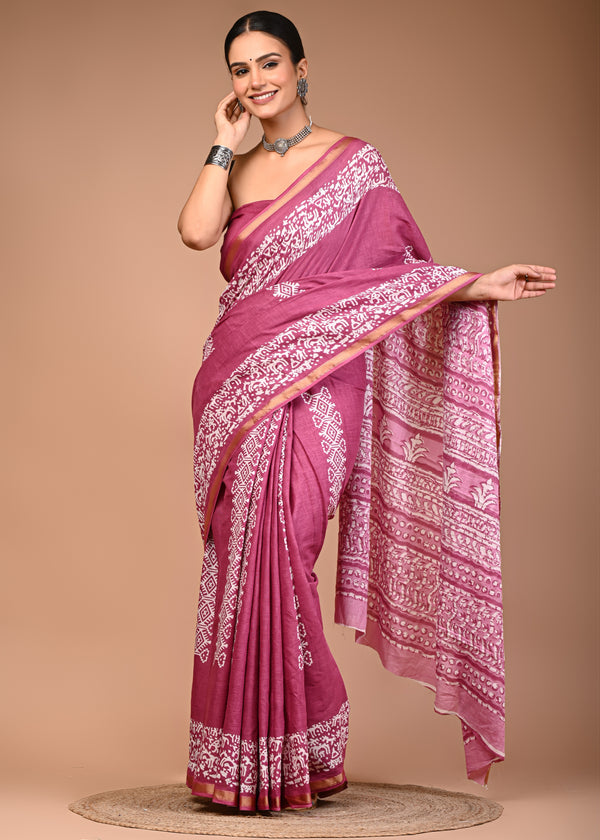 Elegant Mauve Cotton Saree with White Bandhani-Style Print & Zari Border