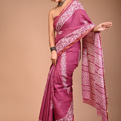 Elegant Mauve Cotton Saree with White Bandhani-Style Print & Zari Border