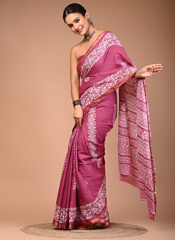 Elegant Mauve Cotton Saree with White Bandhani-Style Print & Zari Border