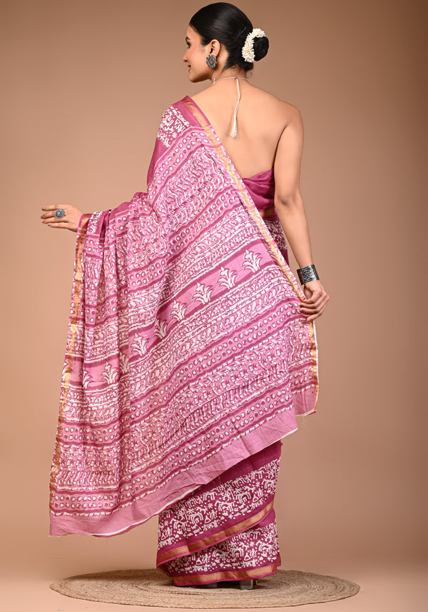 Elegant Mauve Cotton Saree with White Bandhani-Style Print & Zari Border