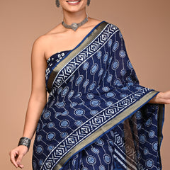 Royal Blue Dabu Print Maheshwari Cotton Saree with Geometric Zari Border
