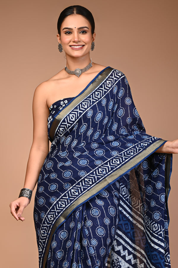 Royal Blue Dabu Print Maheshwari Cotton Saree with Geometric Zari Border