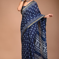 Royal Blue Dabu Print Maheshwari Cotton Saree with Geometric Zari Border