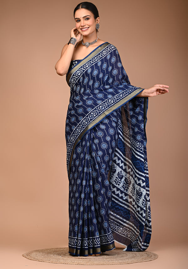 Royal Blue Dabu Print Maheshwari Cotton Saree with Geometric Zari Border