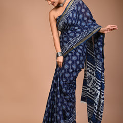 Royal Blue Dabu Print Maheshwari Cotton Saree with Geometric Zari Border