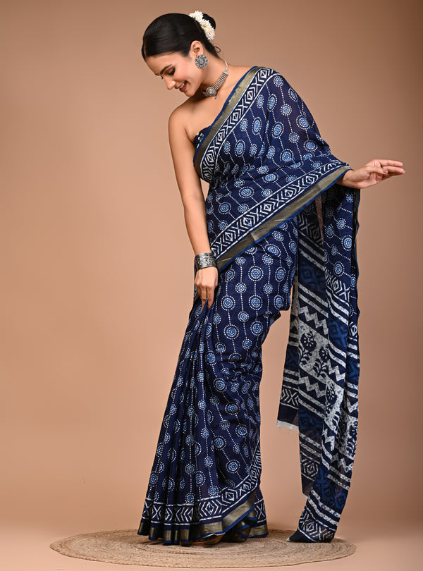 Royal Blue Dabu Print Maheshwari Cotton Saree with Geometric Zari Border