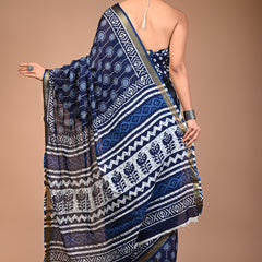 Royal Blue Dabu Print Maheshwari Cotton Saree with Geometric Zari Border