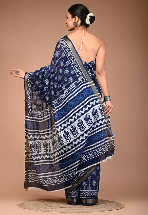 Royal Blue Dabu Print Maheshwari Cotton Saree with Geometric Zari Border