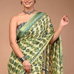 Fresh Lime Green Cotton Saree with Abstract Floral Print & Aqua Zari Border