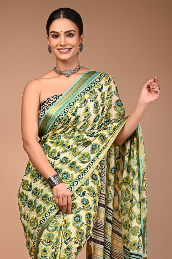 Fresh Lime Green Cotton Saree with Abstract Floral Print & Aqua Zari Border