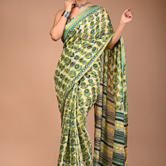 Fresh Lime Green Cotton Saree with Abstract Floral Print & Aqua Zari Border