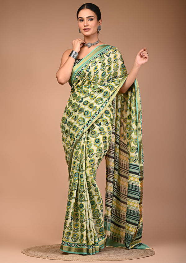 Fresh Lime Green Cotton Saree with Abstract Floral Print & Aqua Zari Border