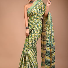Fresh Lime Green Cotton Saree with Abstract Floral Print & Aqua Zari Border
