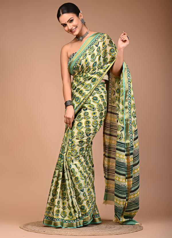 Fresh Lime Green Cotton Saree with Abstract Floral Print & Aqua Zari Border