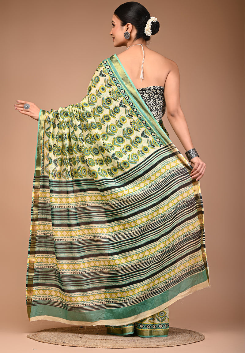 Fresh Lime Green Cotton Saree with Abstract Floral Print & Aqua Zari Border