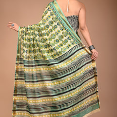 Fresh Lime Green Cotton Saree with Abstract Floral Print & Aqua Zari Border