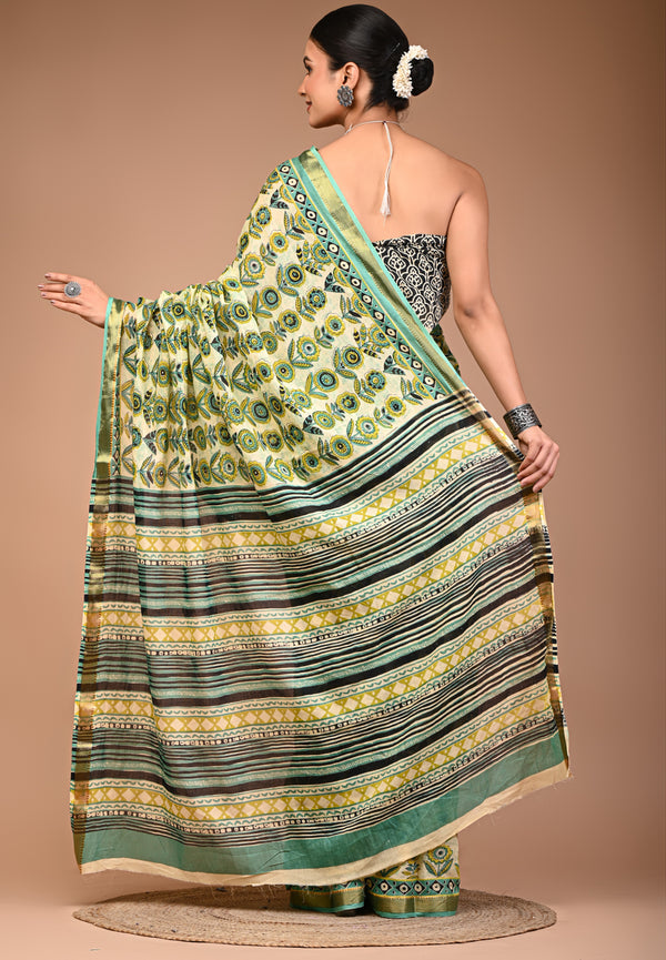 Fresh Lime Green Cotton Saree with Abstract Floral Print & Aqua Zari Border