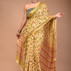 Sunshine Yellow Cotton Saree with Paisley Print & Geometric Border