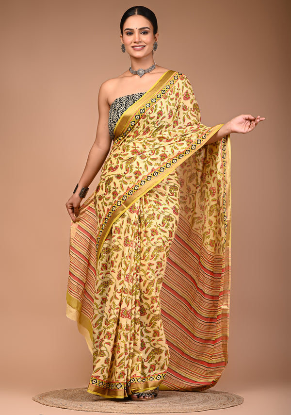 Sunshine Yellow Cotton Saree with Paisley Print & Geometric Border